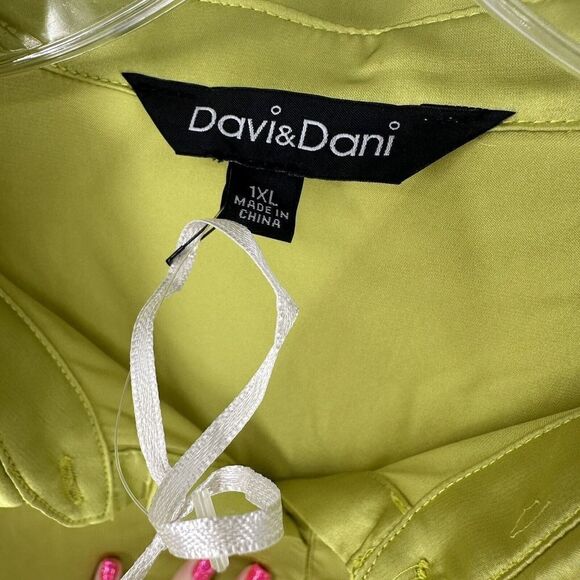 Davi Dani Lime Green Top Long Sleeve Satin Button Up Size 1X Semi Sheer Panel - Picture 7 of 8